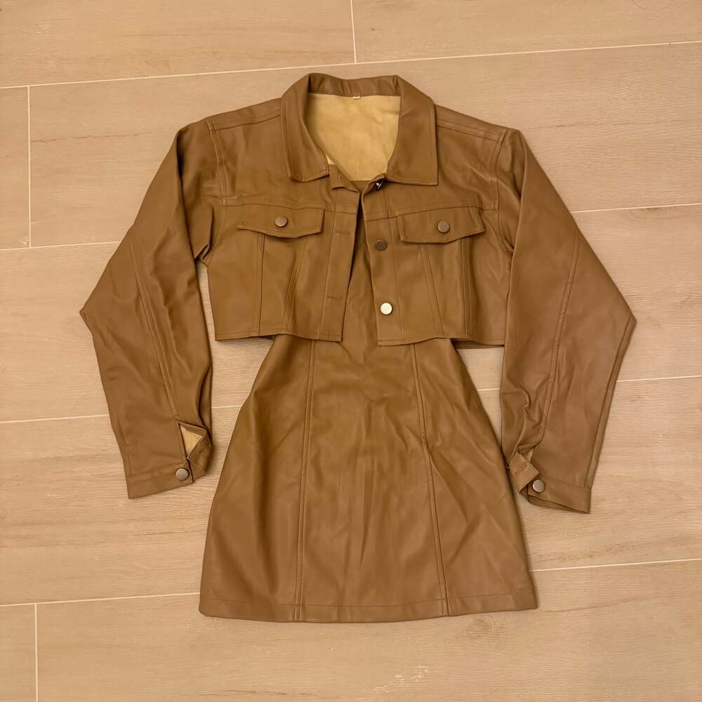 Fashion Nova Brown Faux Leather 2-Piece Set Cropped Jacket and Tube Mini Dress